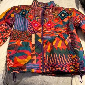 Farm Rio Red Abstract Patches Reversible Puffer Jacket Size Medium